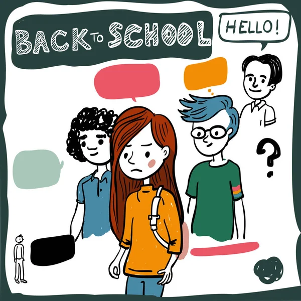 Three Diverse Teens Coming Back School College Colored Hand Drawn — Stock Vector