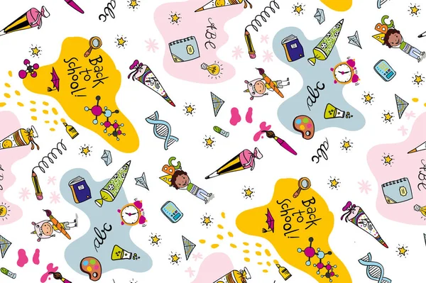 Seamless Decorative Birthday School Pattern Colorful Hand Drawn Cartoon School — Stock Vector