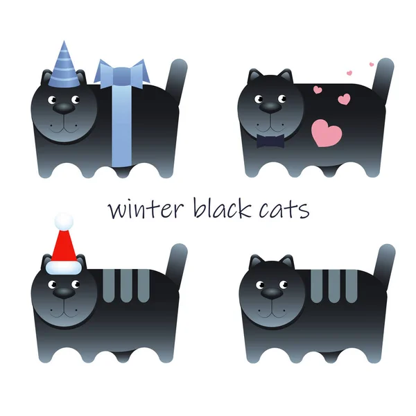 Χειμωνιάτικες Μαύρες Γάτες Καρδιά Καπέλο Και Ταινία Έτοιμοι Διανυσματική Απεικόνιση — Διανυσματικό Αρχείο