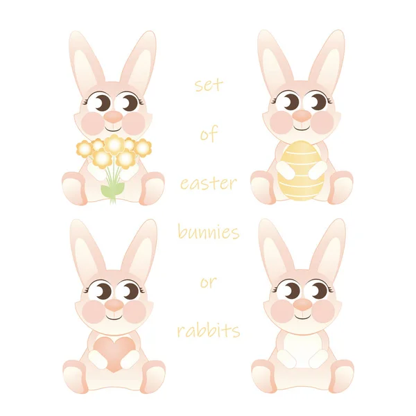 Set Pink Easter Bunny Rabbit Hare Heart Flower Egg Easter — Stock Vector