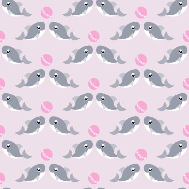 Toplu gri köpekbalığıyla pembe pürüzsüz desen. Vektör illüstrasyonu