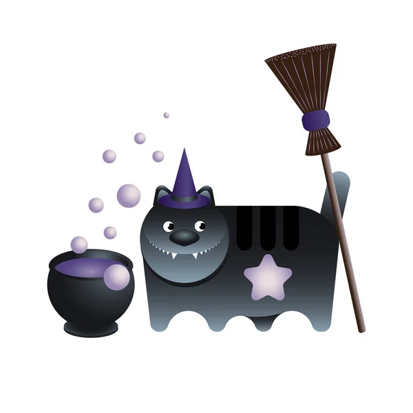 Funny Toothy Black Cat Cauldron Broom Halloween Vector Isolate Cheshire — Stock Vector