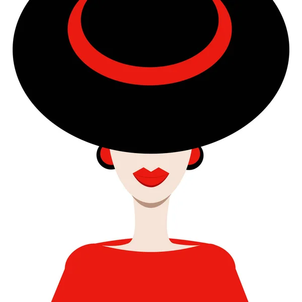 Kırmızı Dudaklı Kırmızı Elbiseli Siyah Şapkalı Bir Kadın Kız Vektör — Stok Vektör