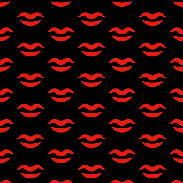 赤い唇やキスでシームレスな黒のパターン ベクターイラスト — ストックベクタ