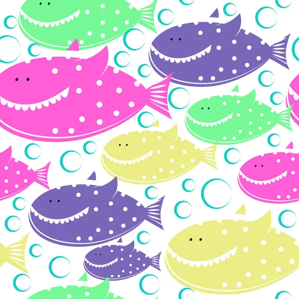 Zabawne Kolorowe Rekiny Kropkach Polki Zębami Płynny Wzór Ilustracja Wektora — Wektor stockowy