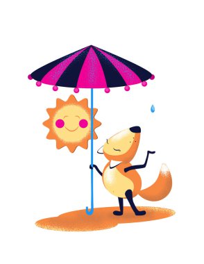 Tilki ve yağmur. Tilki şemsiye altında. vektör