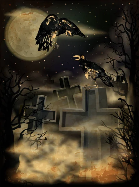 Krähenskelett Auf Nächtlichem Friedhof Glückliche Halloween Einladungskarte Vektor Illustration — Stockvektor