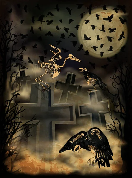 夜间坟场里成群的乌鸦 卡片病媒图解之间的光环 — 图库矢量图片
