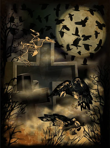 Krähenschwarm Und Totenkopf Auf Nächtlichem Friedhof Halloween Grußkarte Vektor Illustration — Stockvektor