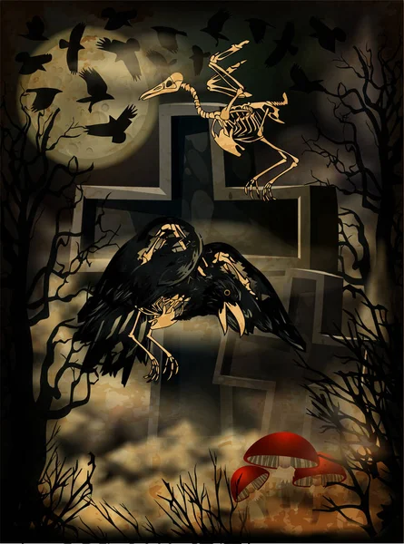 Amanita Und Krähen Auf Dem Nachtfriedhof Halloween Einladungskarte Vektorillustration — Stockvektor