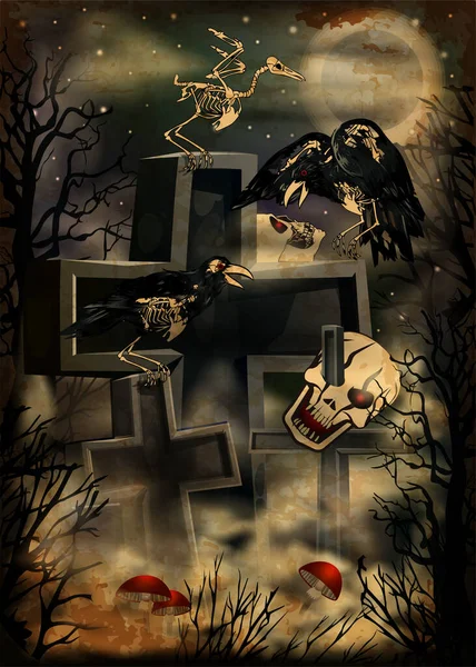 Crânes Corbeaux Dans Cimetière Nuit Illustration Vectorielle Carte Halloween — Image vectorielle