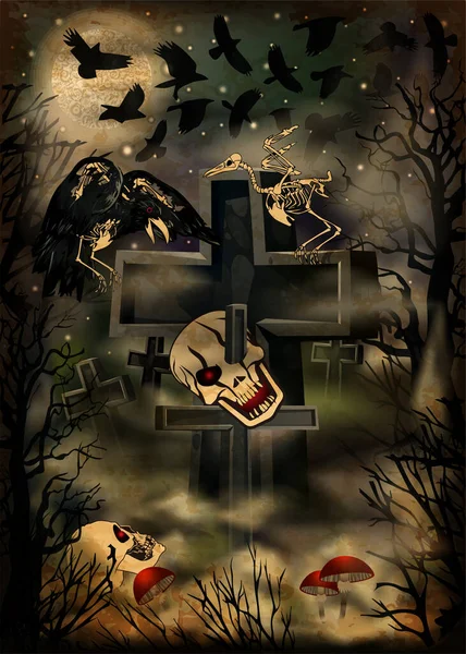 夜晚墓地的卡片 骷髅和乌鸦之间快乐的光环 病媒图解 — 图库矢量图片