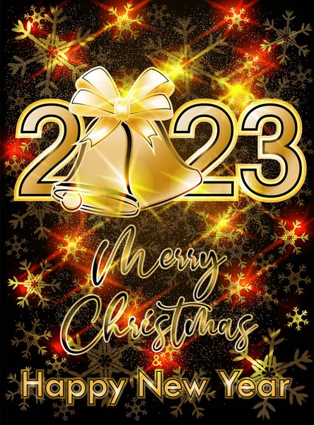 Zlatý Šťastný Nový 2023 Rok Karta Vánoční Zvony Vektorové Ilustrace — Stockový vektor