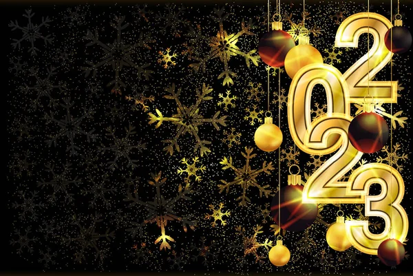Golden New 2023 Année Bannière Avec Boules Noël Illustration Vectorielle — Image vectorielle