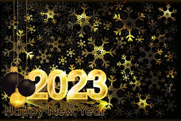 Golden Happy New 2023 Έτος Banner Μπάλες Χριστούγεννα Διανυσματική Απεικόνιση — Διανυσματικό Αρχείο