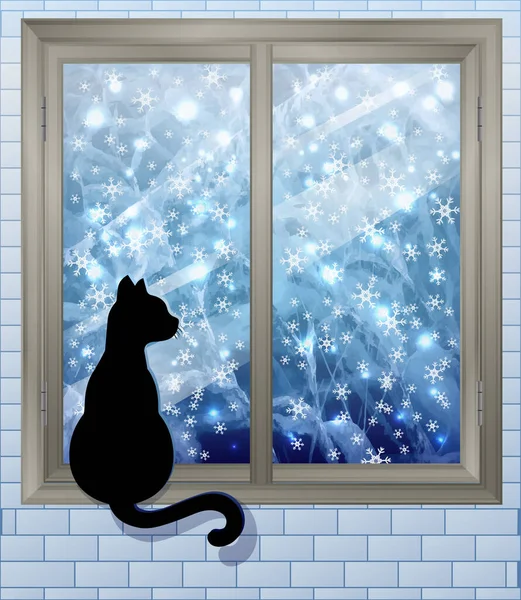 Joyeux Noël Fenêtre Hiver Avec Bannière Chat Illustration Vectorielle — Image vectorielle