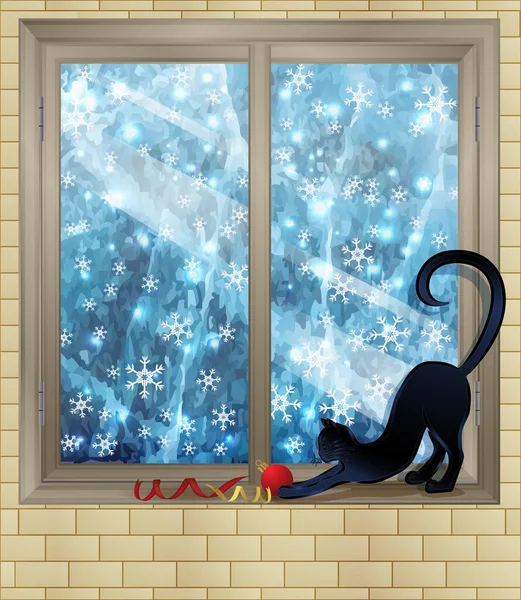 Frohe Weihnachten Winterfenster Mit Weihnachtskugel Und Katze Vektorillustration — Stockvektor
