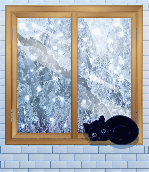 雪と猫のメリークリスマスの冬の窓 ベクトルイラスト — ストックベクタ