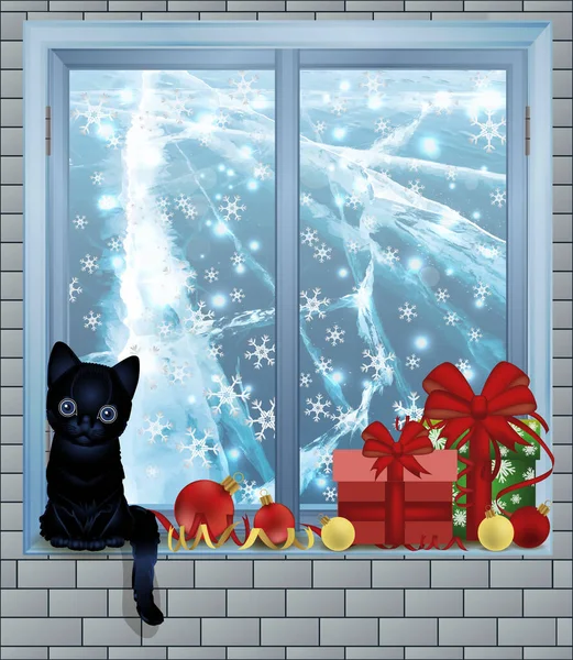 Feliz Natal Janela Inverno Com Bolas Xmas Presentes Gato Ilustração — Vetor de Stock