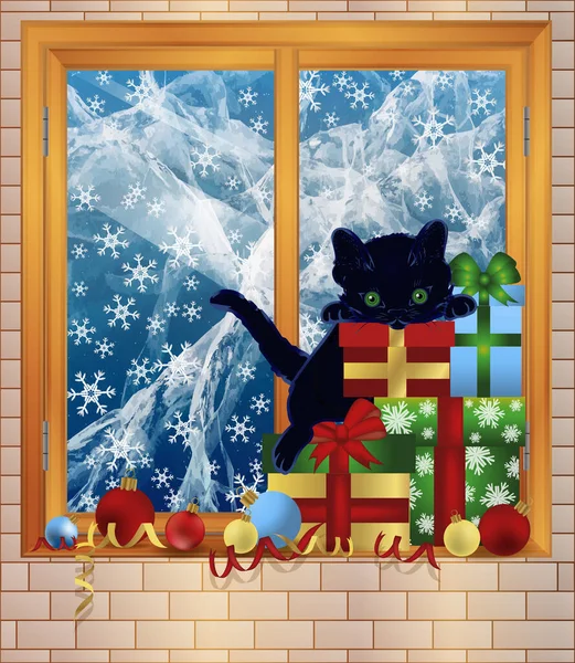 Veselé Vánoce Zimní Okno Vánoční Míč Kočka Vektorové Ilustrace — Stockový vektor