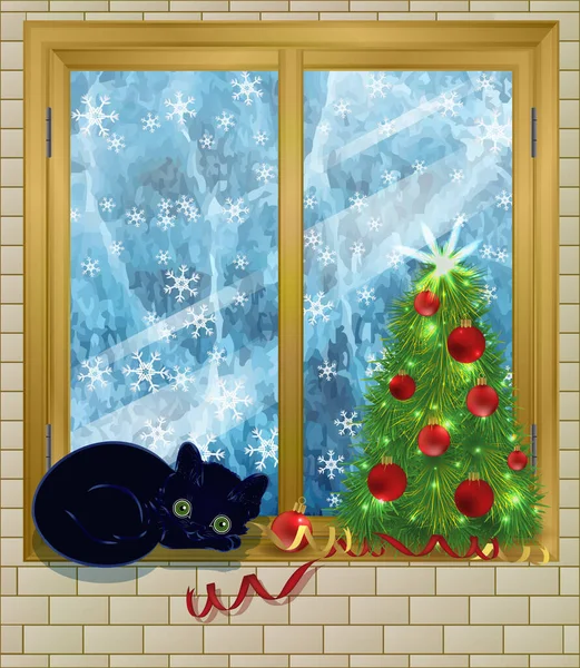 Feliz Cartão Natal Janela Inverno Com Árvore Xmas Bolas Gato — Vetor de Stock