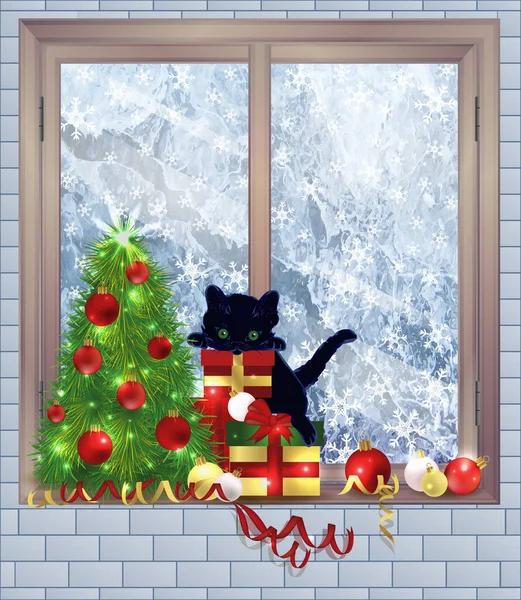 Merry Christmas Winter Window Xmas Tree Gifts Cat Vector Illustration — Stock Vector