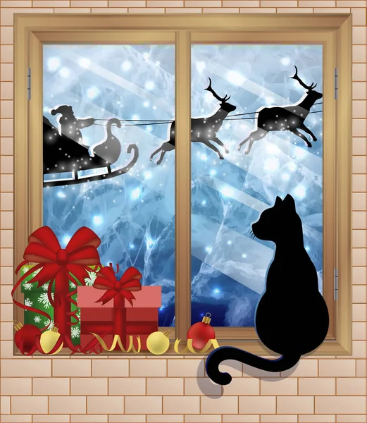 Frohe Weihnachten Karte Winterfenster Mit Weihnachtsgeschenken Katze Und Weihnachtsmann Vektorillustration — Stockvektor
