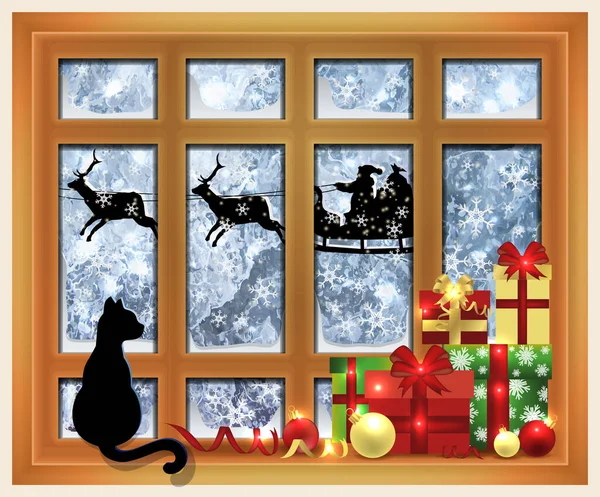 Frohe Weihnachten Winterfenster Mit Weihnachtsmann Weihnachtsgeschenken Und Katze Vektorillustration — Stockvektor