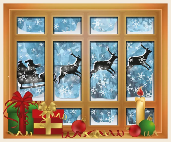 メリークリスマスの背景 クリスマスキャンドル付きの冬の窓 贈り物とサンタクロース ベクトルイラスト — ストックベクタ
