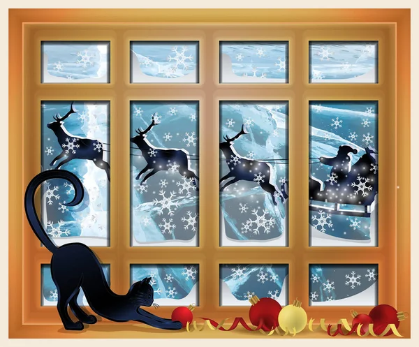 Veselé Vánoční Zimní Okno Santa Clausem Kočkou Vektorová Ilustrace — Stockový vektor