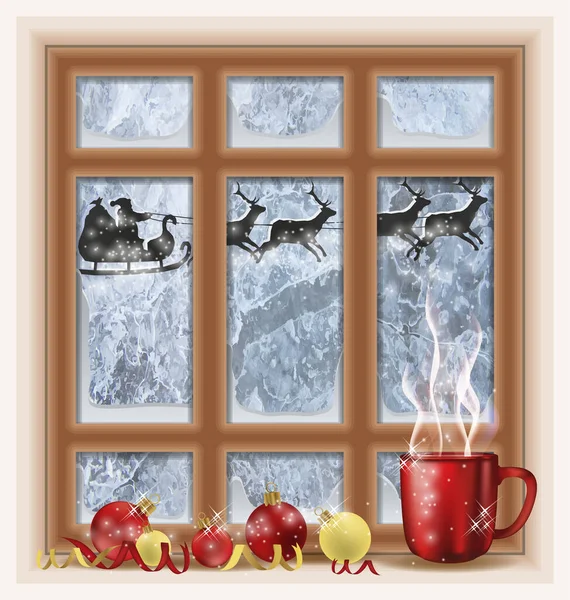 コーヒーとメリークリスマスの冬の窓 ベクトルイラスト — ストックベクタ