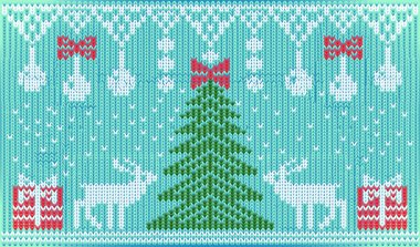Ren geyikleri, xmas ağacı ve hediye kutusu ve vektör illüstrasyonlu mutlu yıllar.