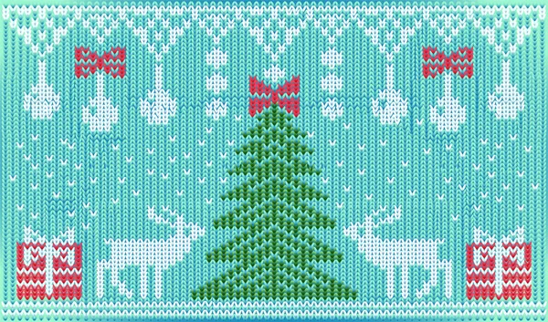Frohes Neues Jahr Gestricktes Banner Mit Rentieren Weihnachtsbaum Und Geschenkbox — Stockvektor