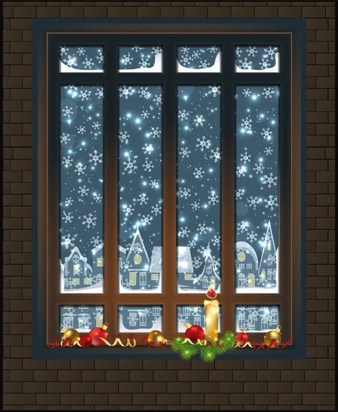 Новогоднее Зимнее Окно Свечами Рождественскими Шарами Городской Фон Векторная Иллюстрация — стоковый вектор