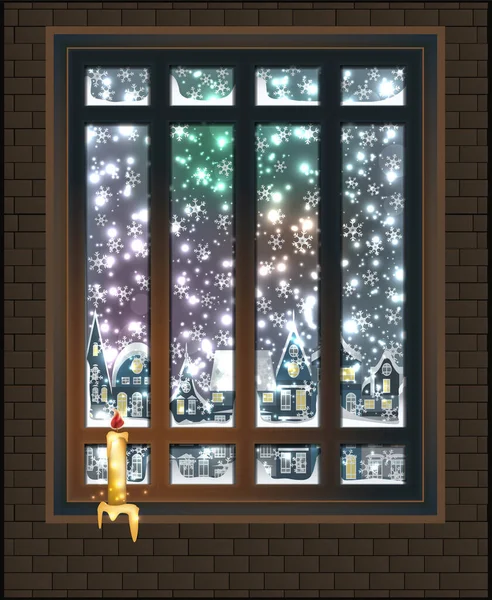 Joyeux Noël Fenêtre Hiver Avec Bougie Fond Ville Illustration Vectorielle — Image vectorielle