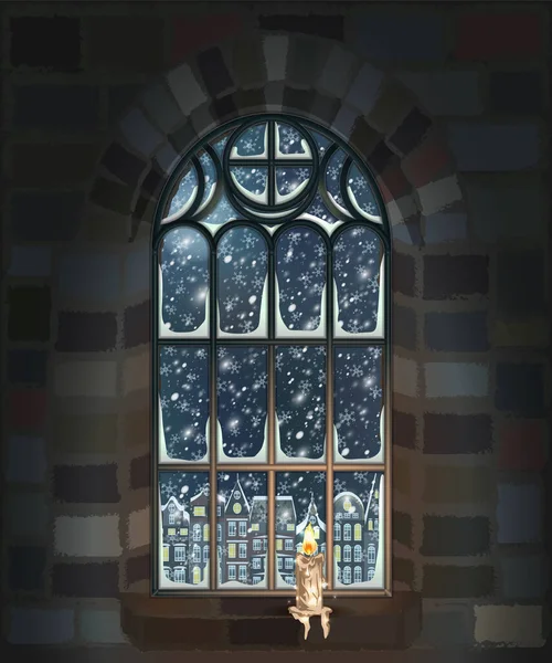 Mum Şehir Arkaplanı Vektör Illüstrasyonlu Mutlu Noel Gotik Penceresi — Stok Vektör