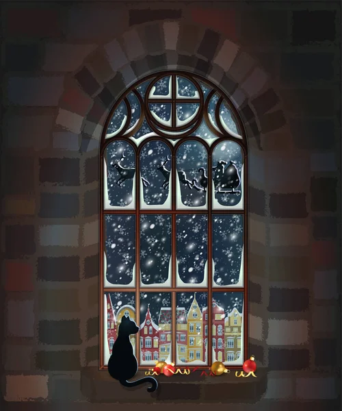 Весёлое Рождественское Готическое Окно Изображением Санта Клауса Векторной Иллюстрацией Кошки — стоковый вектор