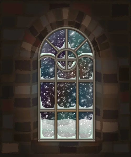 Winter gothic window , xmas card, vector illustration