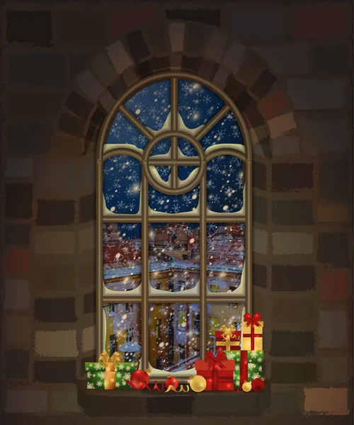 冬季哥特式窗户 圣诞礼物 城市背景 病媒图片 — 图库矢量图片