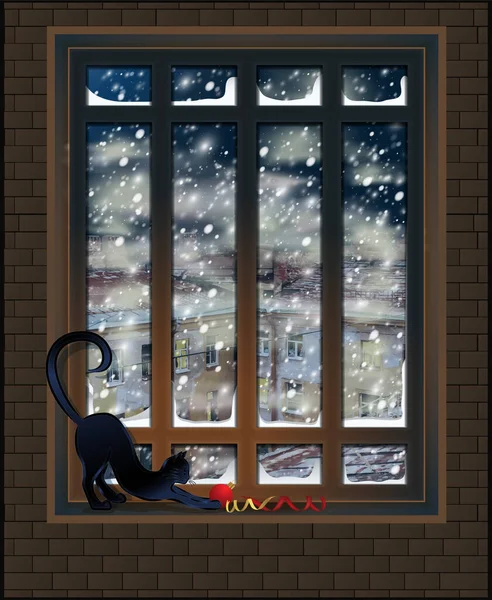 Зимнее Готическое Окно Шарами Кошкой Городской Фон Векторная Иллюстрация — стоковый вектор