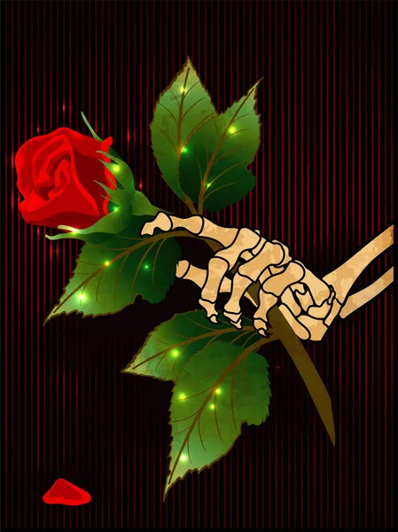 Elinde Çiçek Gülü Tutan Iskelet Sevgililer Günü Kartı Vektör Illüstrasyonu — Stok Vektör
