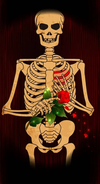 Valentines Karta Kostlivec Drží Květinovou Růži Vektorové Ilustrace — Stockový vektor