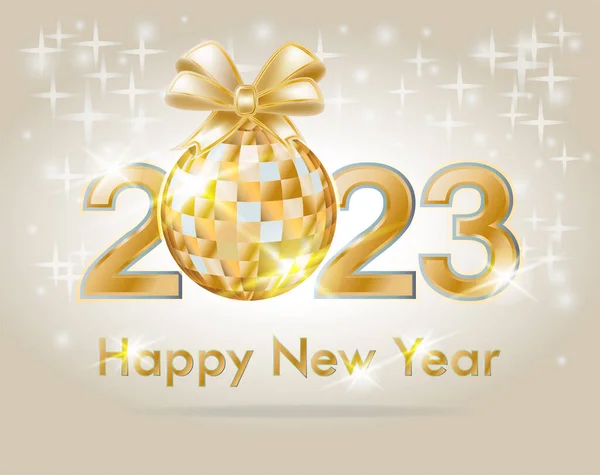 Happy New 2023 Year Golden Xmas Ball Greeting Card Vector — Stock Vector