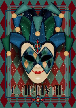 Geleneksel Venedik maskesi Joker, sanat deco tarzı VIP kartı, vektör illüstrasyonu