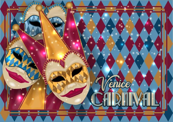 伝統的なヴェネツィアのマスクジョーカー アートデコスタイルの招待カード ベクトル — ストックベクタ