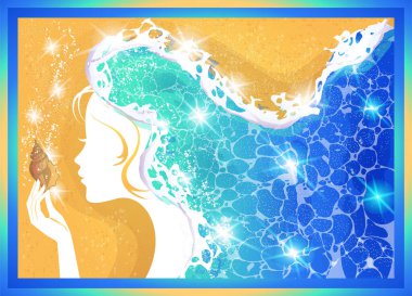 Deniz kızı, davetiye, vektör illüstrasyonu.