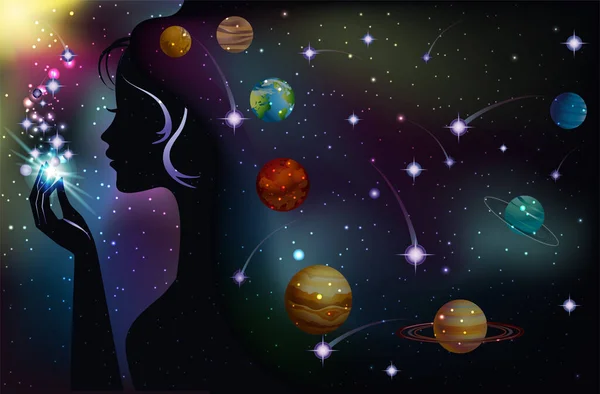 Birth Star Galaxy Gril Planets Vector Illustration —  Vetores de Stock