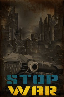 Stop War postcard, tank and ruins, vector illustration