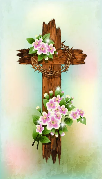 Old Christian Wooden Cross Cherry Blossoms Vector Illustration — Vector de stock