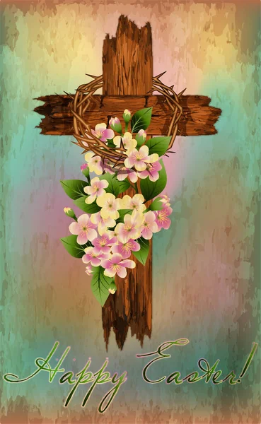 Happy Easter Christian Wooden Cross Cherry Blossoms Vector Illustration - Stok Vektor